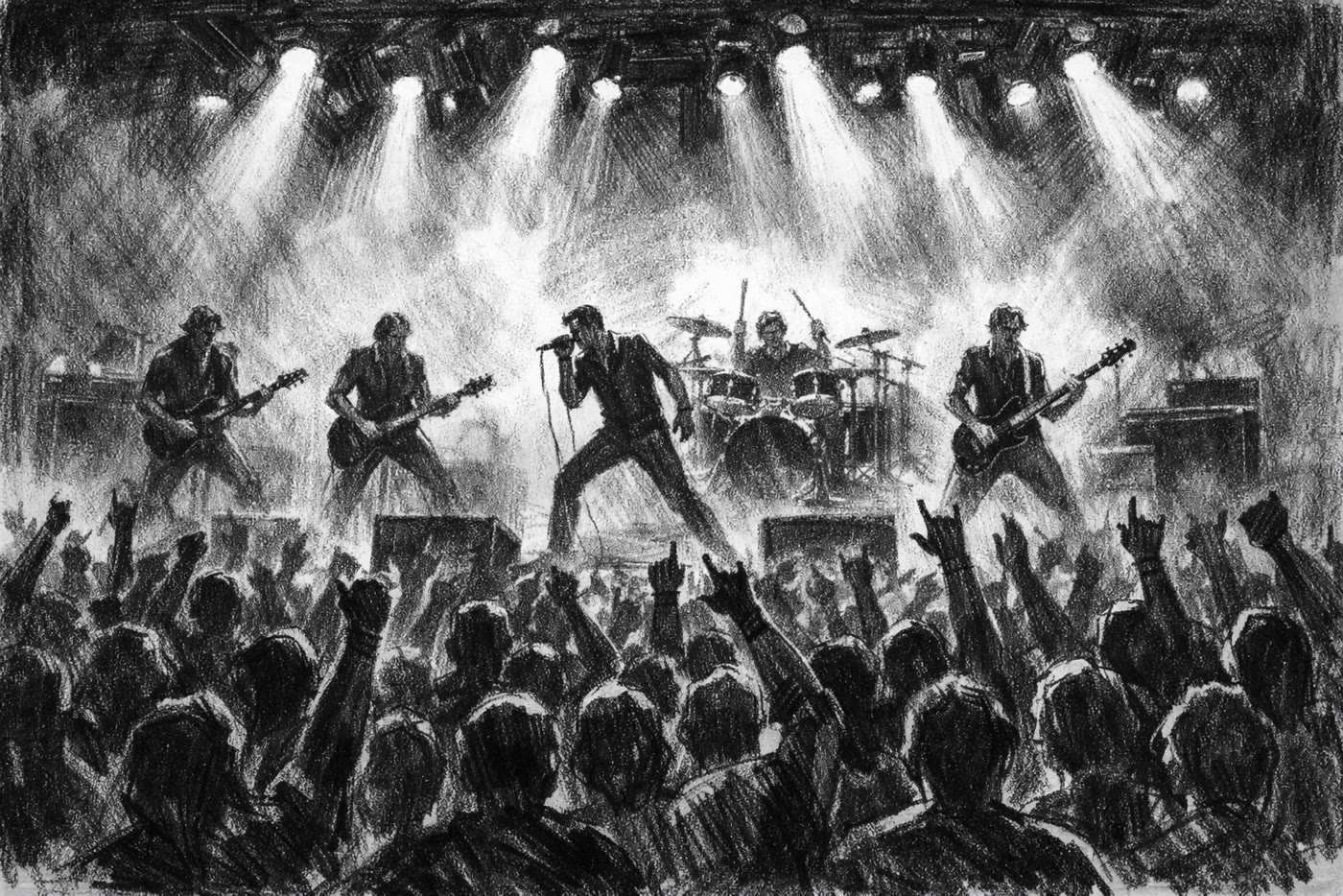 Storyboard panel 1 — wide establishing shot of the band and crowd