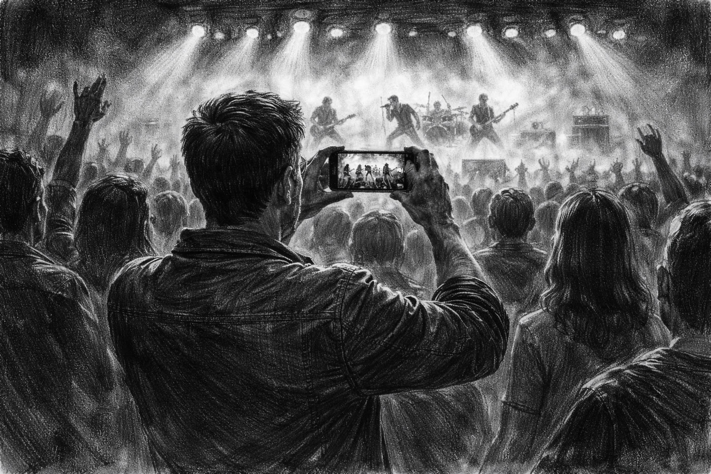 Storyboard panel 3 — man filming from behind, lost in the moment