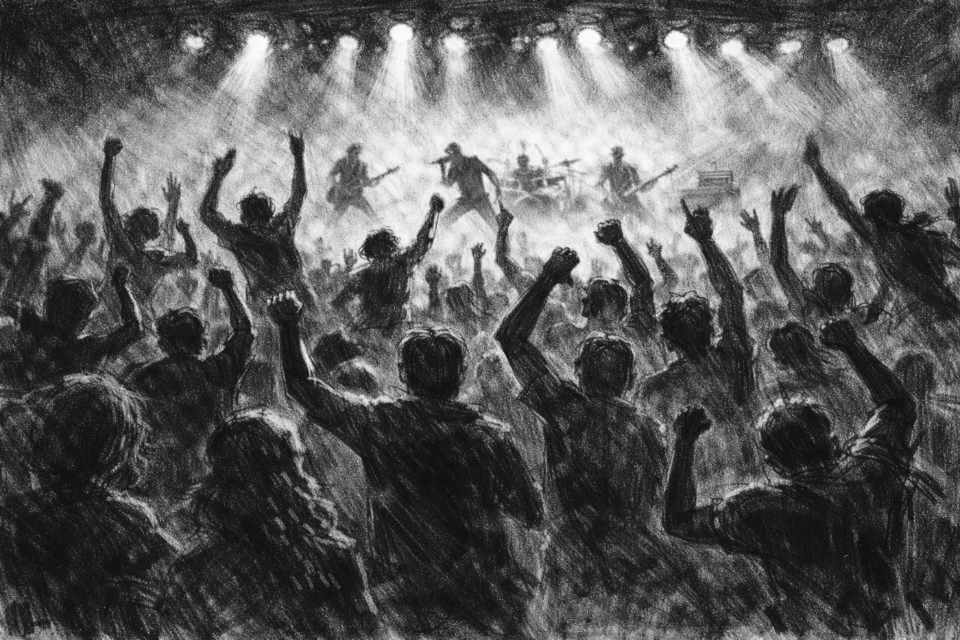 Storyboard panel 5 — wide shot of the crowd cheering, unaware