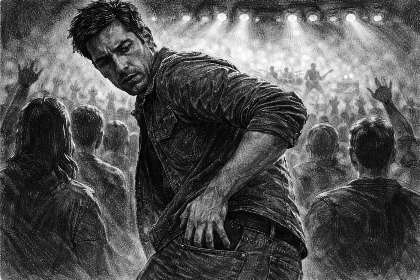 Storyboard panel 6 — man reaches for his back pocket, sensing something wrong